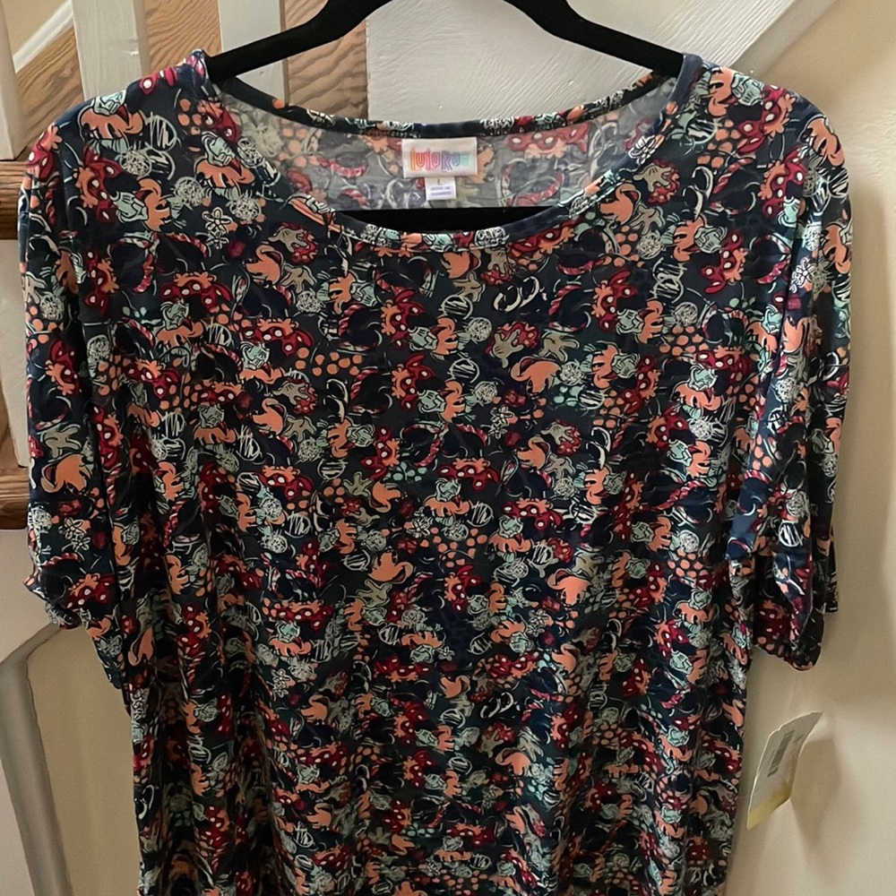 Disney LuLaRoe Irma top. BNWT. Large. Blue, mint, red and peach. Minnie Mouse!